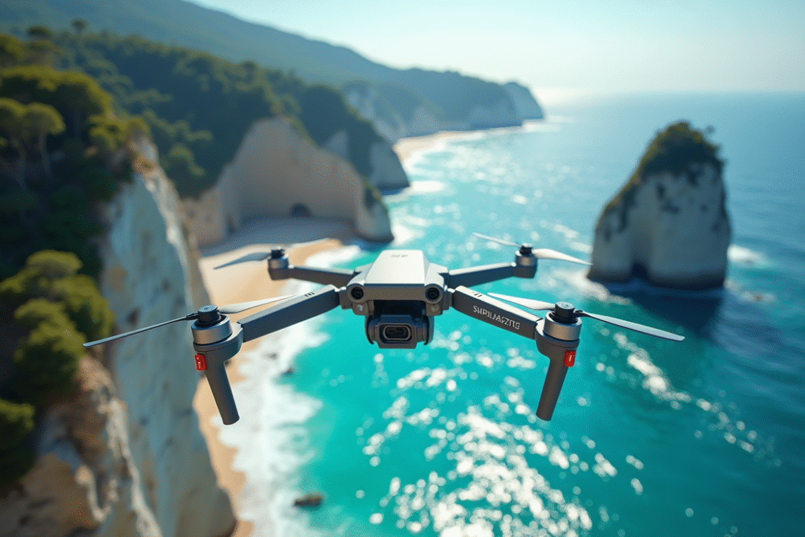 Drone Mini 4K survolant une côte turquoise ensoleillée