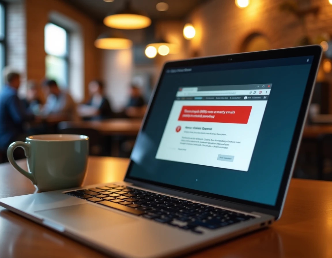 Écran d'ordinateur portable affichant une erreur de connexion à la messagerie Mel dans un café urbain