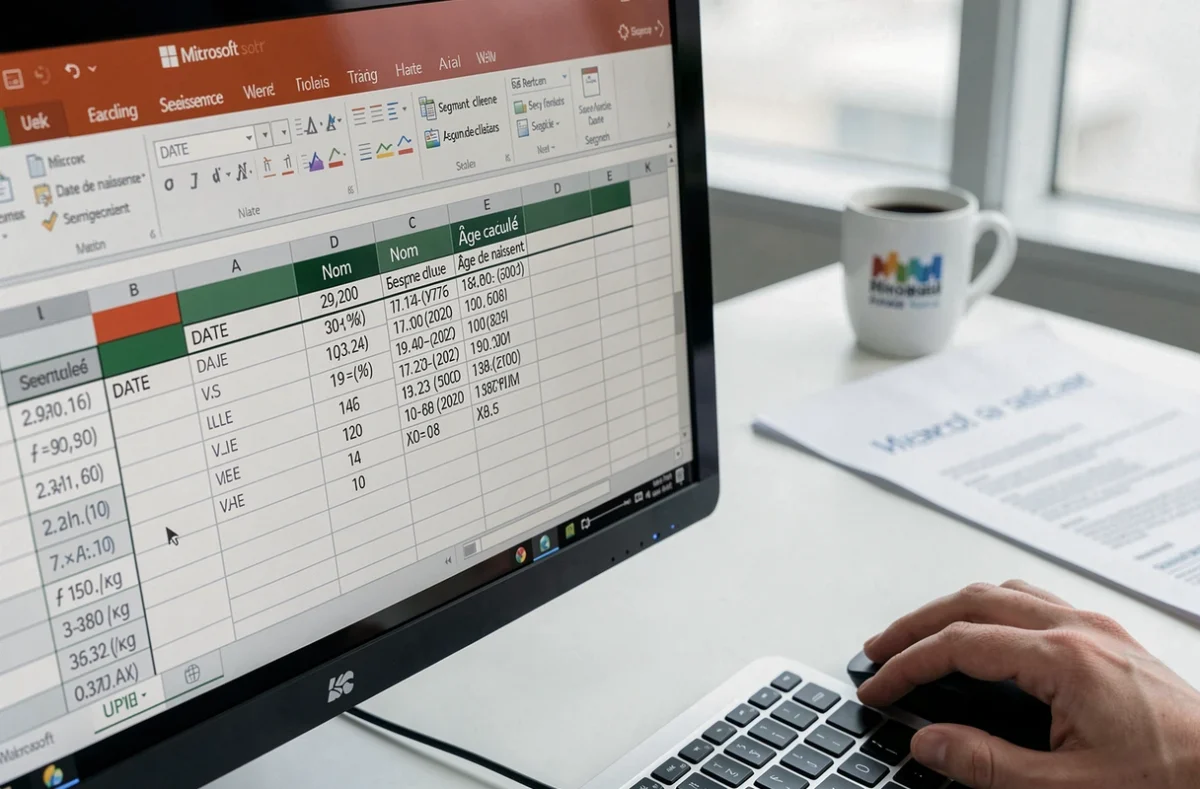 Écran d'ordinateur affichant un tableau Excel de suivi client avec des formules de calcul d'âge