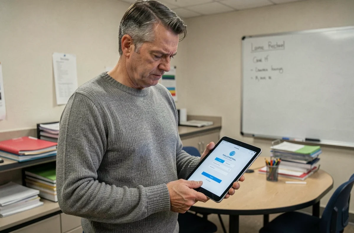 Enseignant consultant le portail académique d'Amiens sur une tablette dans une salle des professeurs