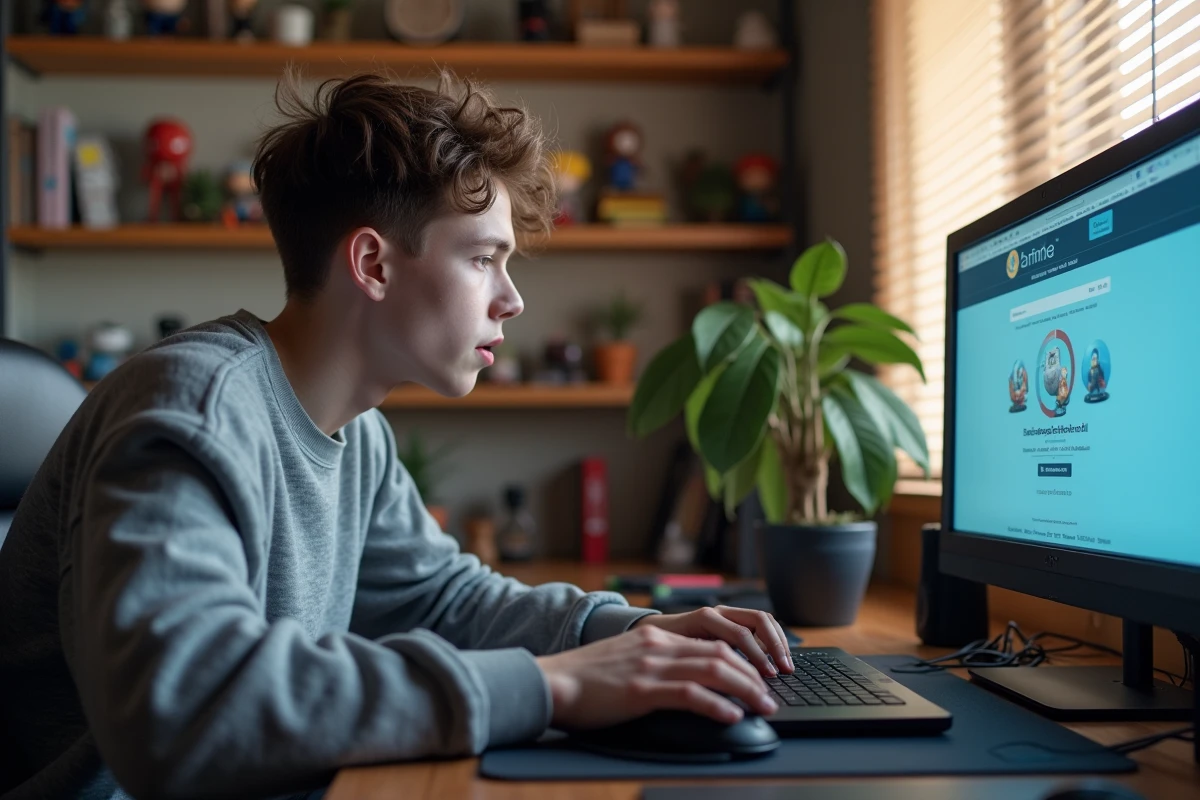 Adolescent s'entraînant à augmenter sa vitesse de clic par seconde sur un test CPS en ligne depuis sa chambre