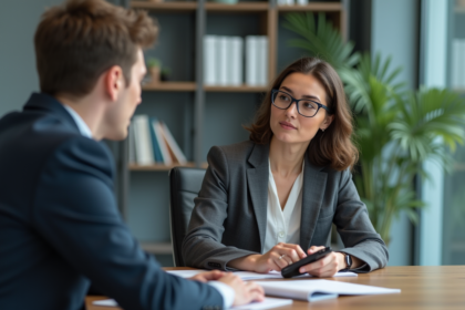 Femme en blazer interviewant un jeune homme dans un bureau moderne