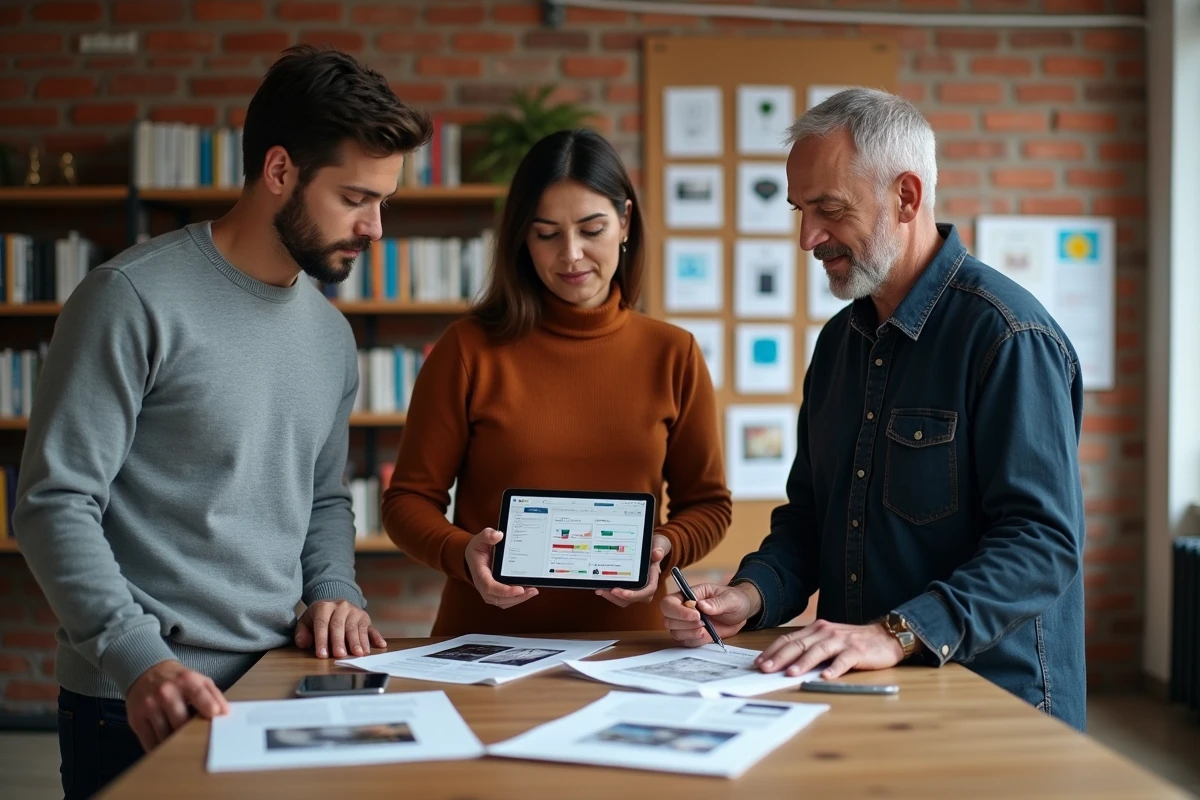 Équipe créative en agence marketing analysant des visuels de campagne générés par intelligence artificielle sur tablette et supports imprimés
