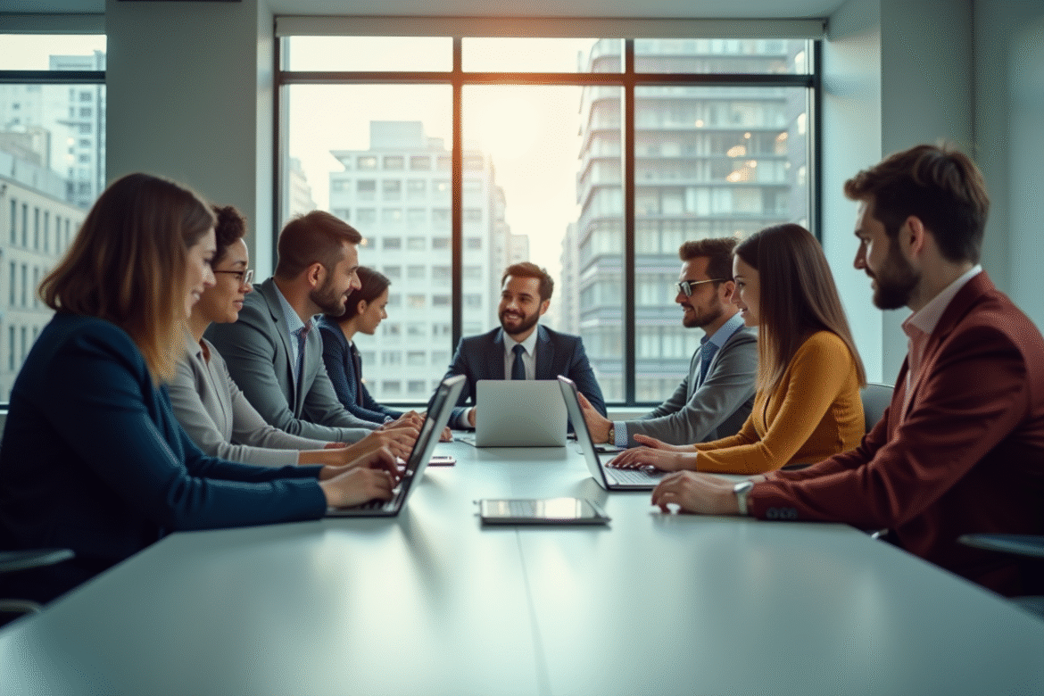 Groupe de professionnels autour d'une table pour stratégie digitale