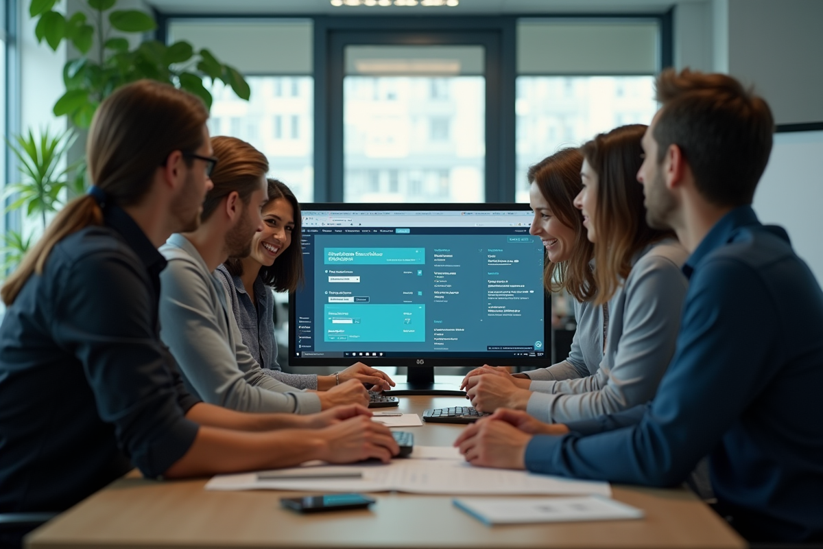 Equipe diverse travaillant sur un ordinateur en environnement lumineux
