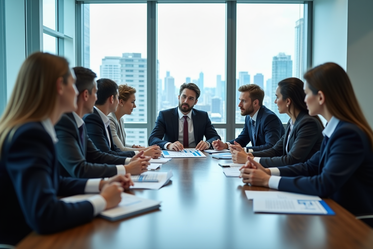 Groupe de professionnels en réunion dans une salle moderne