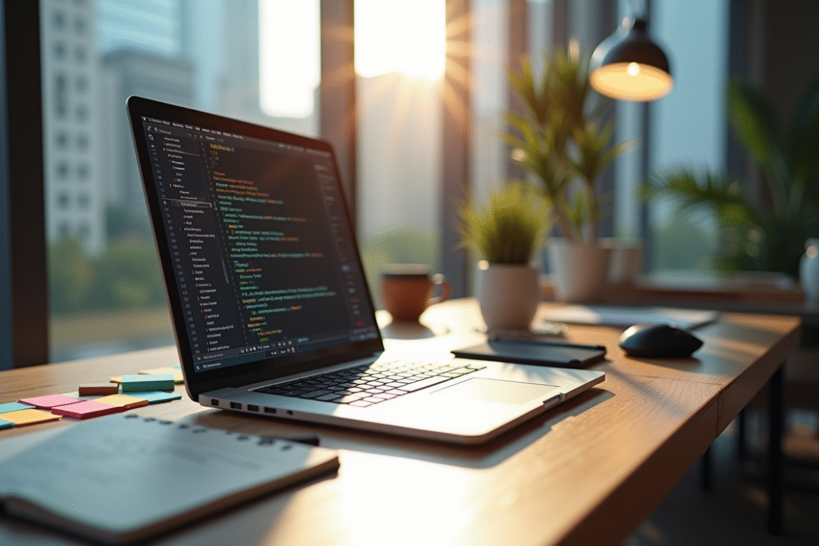 Espace de travail moderne avec ordinateur et café