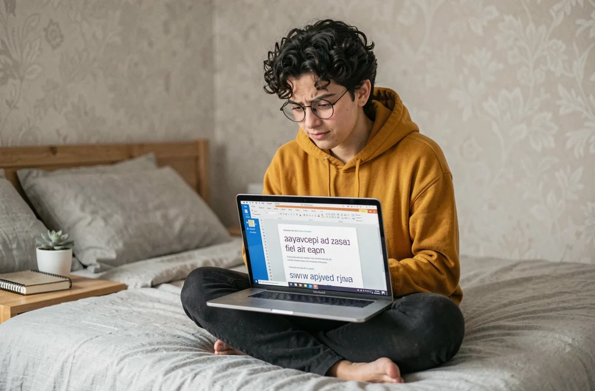 Jeune étudiant assis sur son lit avec un ordinateur portable, découvrant comment réaliser un effet miroir dans Microsoft Word