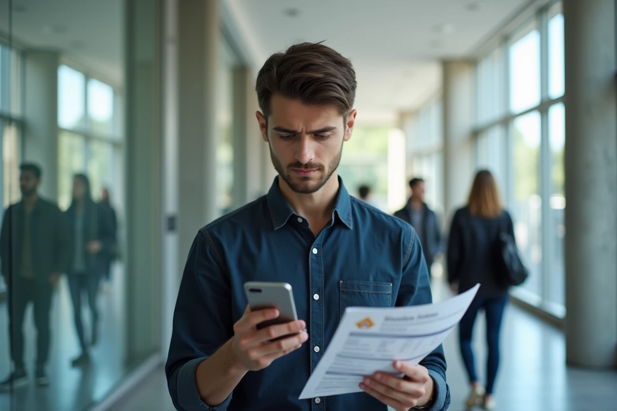 Étudiant consultant l'intranet Lyon 3 sur son smartphone dans un couloir du campus universitaire
