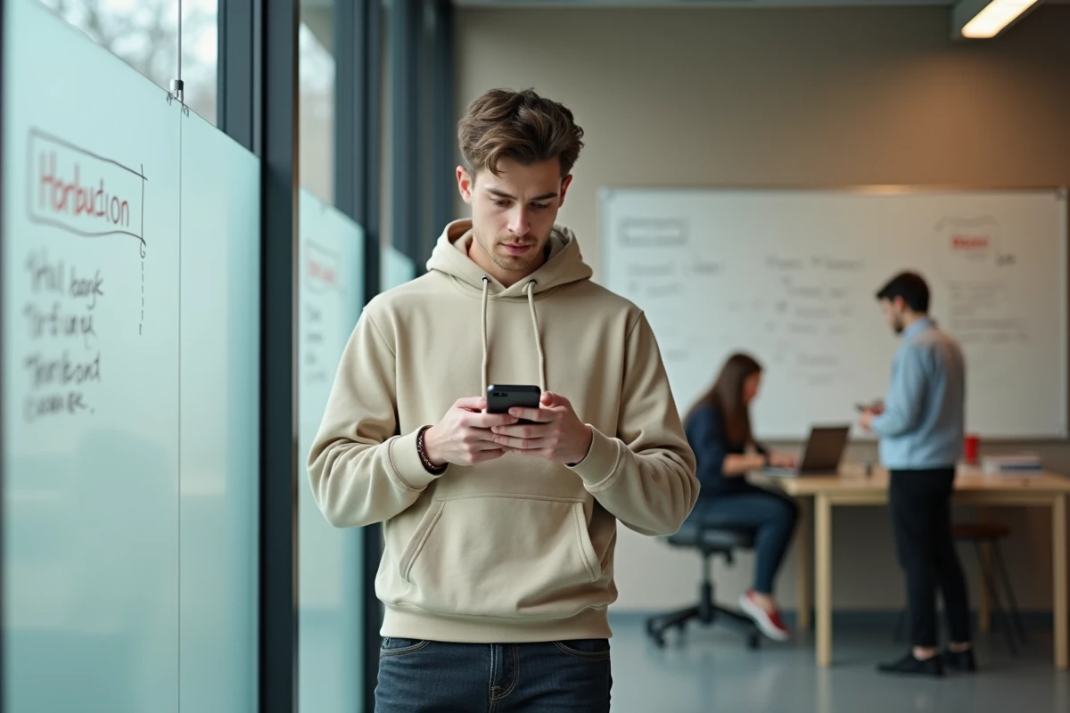 Jeune étudiant consultant la politique de confidentialité de sa messagerie universitaire sur smartphone, soulevant des questions sur le stockage des données personnelles