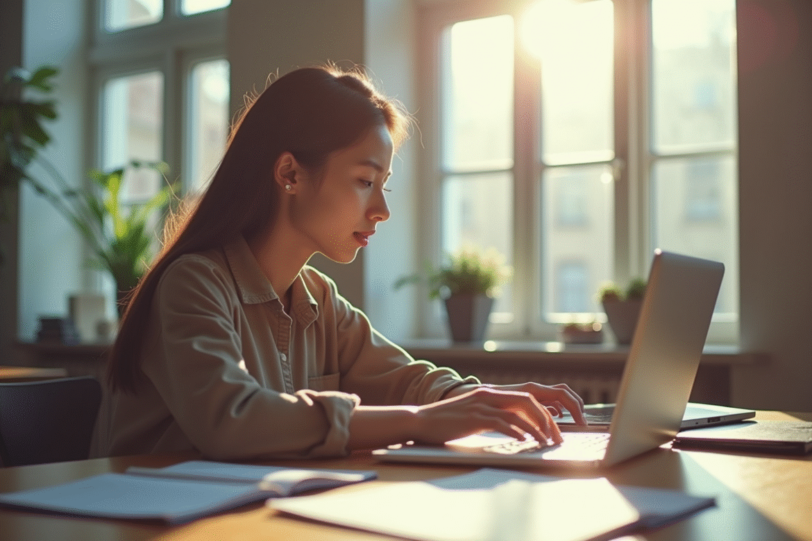 Etudiant universitaire utilisant un portail en ligne sur un ordinateur portable dans une salle lumineuse