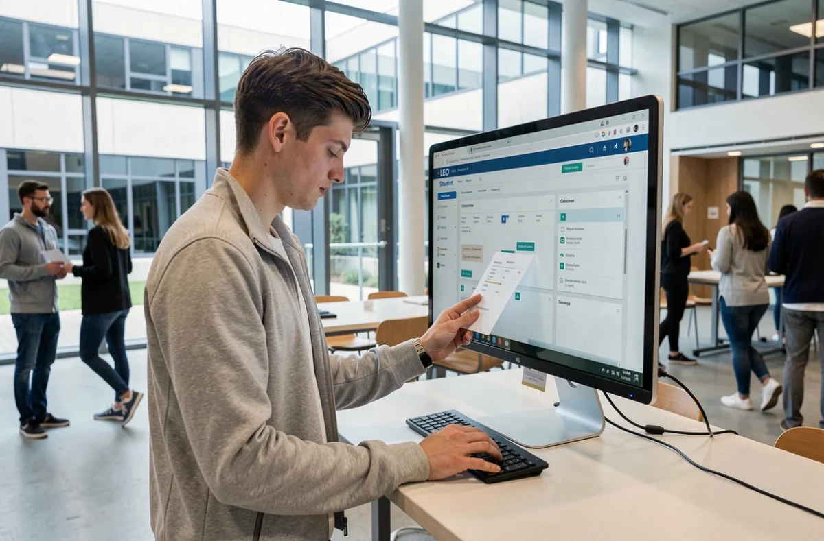 Étudiant masculin vérifiant ses mails et emploi du temps sur le portail LEO de l'UGA en espace commun du campus