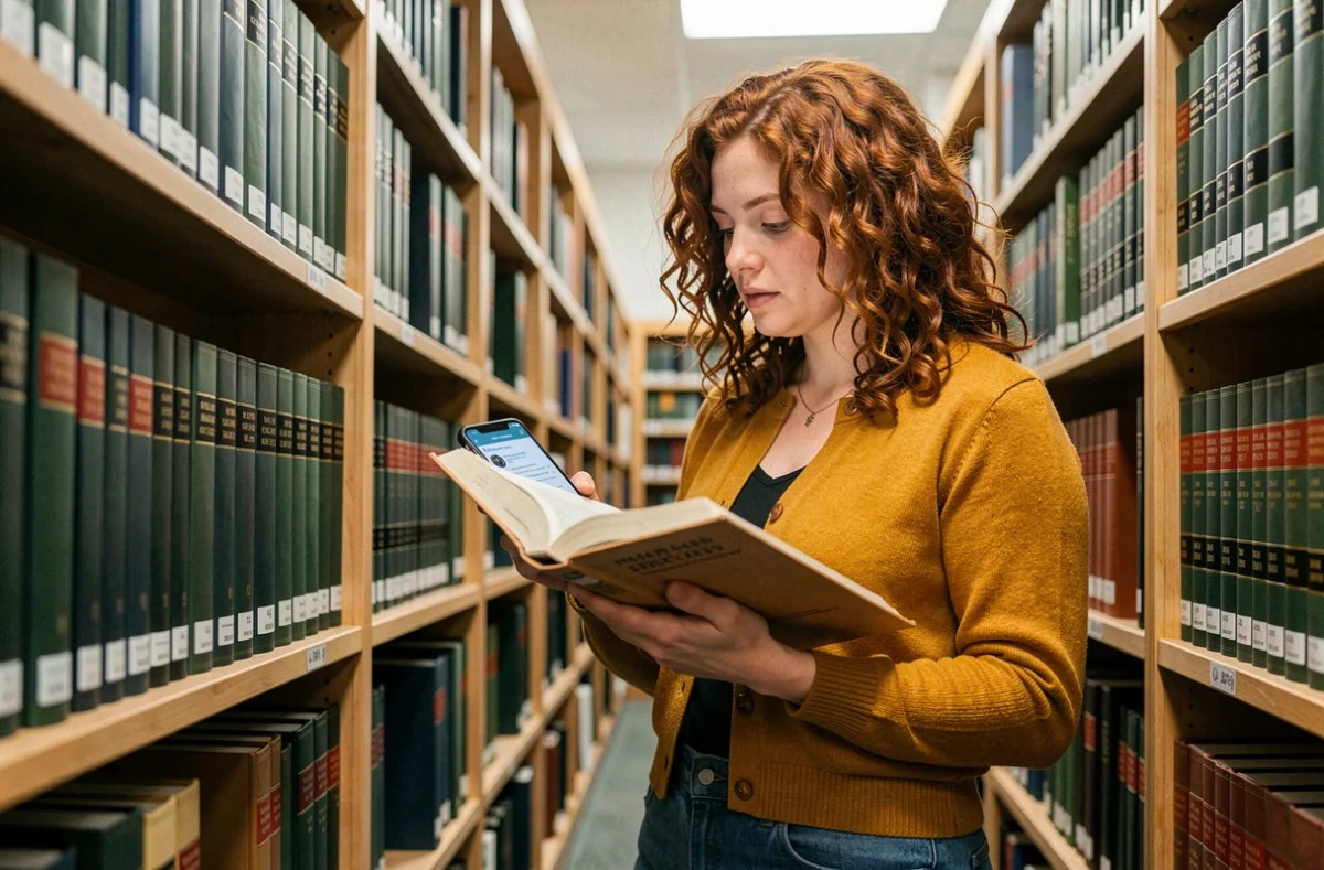 Étudiante en droit comparant des sources légales sur smartphone dans une bibliothèque universitaire