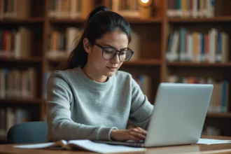 Étudiante lisant ses emails sur un ordinateur portable dans une bibliothèque universitaire, illustrant la gestion des données personnelles dans les messageries académiques