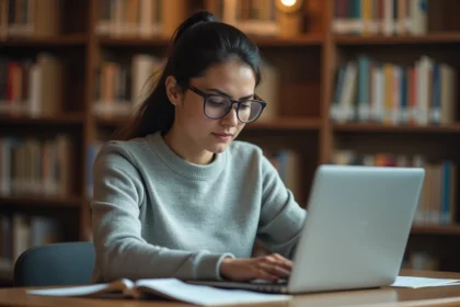 Étudiante lisant ses emails sur un ordinateur portable dans une bibliothèque universitaire, illustrant la gestion des données personnelles dans les messageries académiques