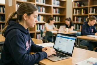 Étudiante consultant l'intranet UGA LEO sur son ordinateur portable dans une bibliothèque universitaire