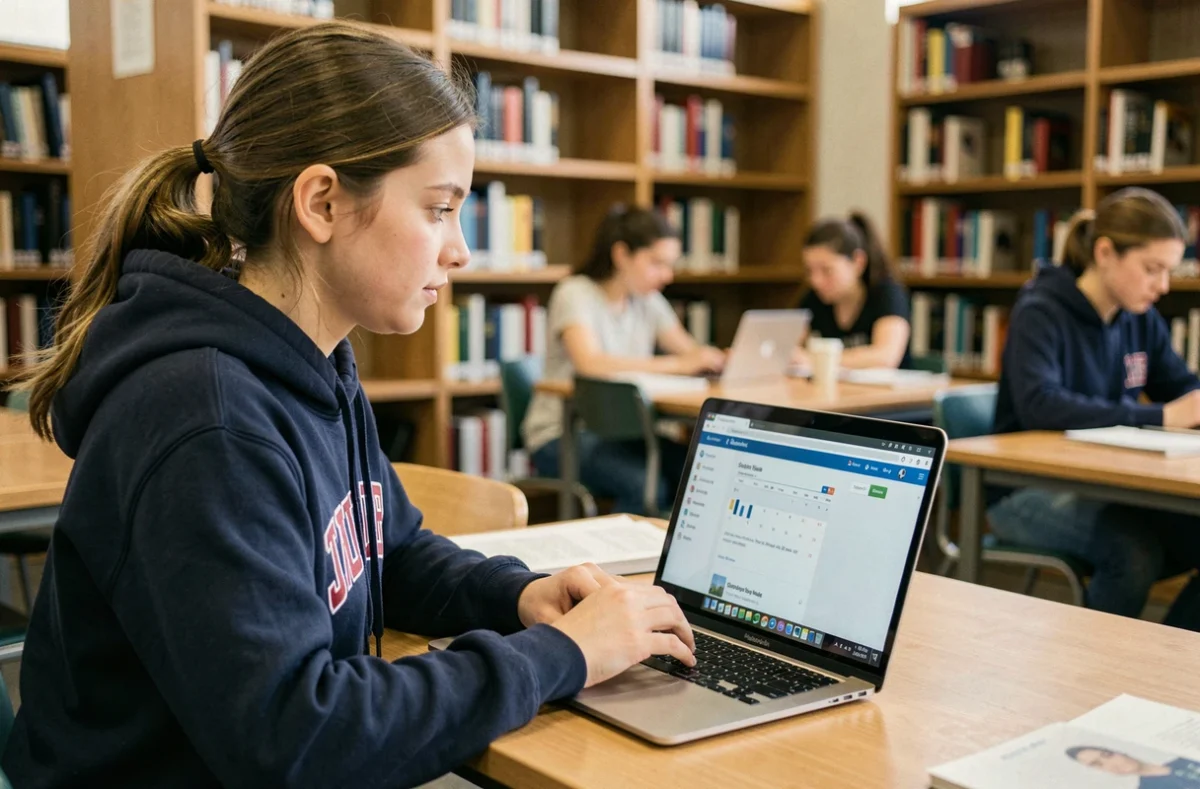 Étudiante consultant l'intranet UGA LEO sur son ordinateur portable dans une bibliothèque universitaire