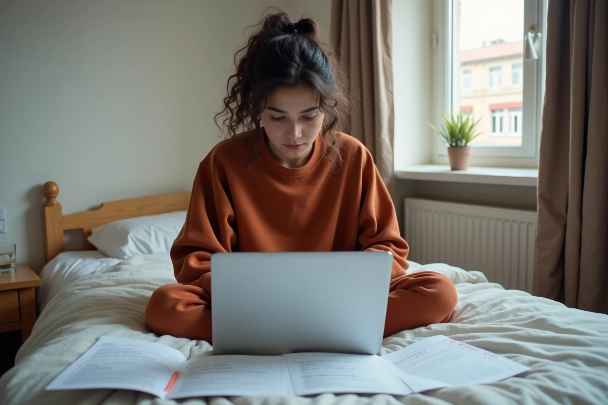 Jeune étudiante prenant des notes sur des fiches mémo PDF de cours d'informatique dans sa chambre