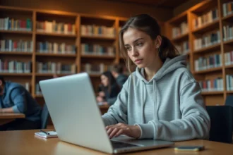 Étudiante utilisant le portail étudiant de l'université Lyon 3 sur son ordinateur portable dans une bibliothèque universitaire