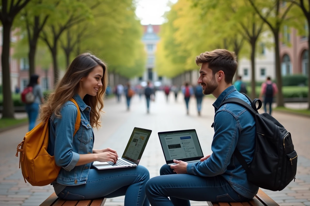 Deux étudiants comparant l'intranet et le portail étudiant de Lyon 3 sur un ordinateur portable en extérieur sur le campus
