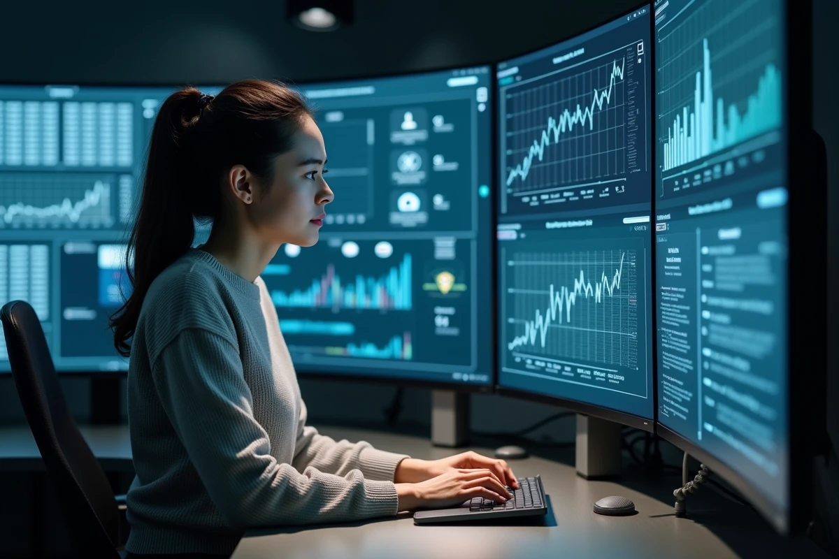 Jeune femme spécialiste en sécurité informatique analysant un graphique