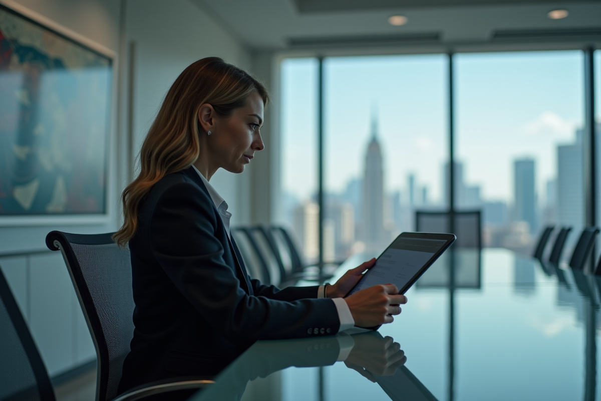 Femme d affaires examine un rapport numérique en réunion