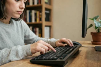 Jeune femme cherchant comment taper un arobase sur un clavier d'ordinateur à son bureau