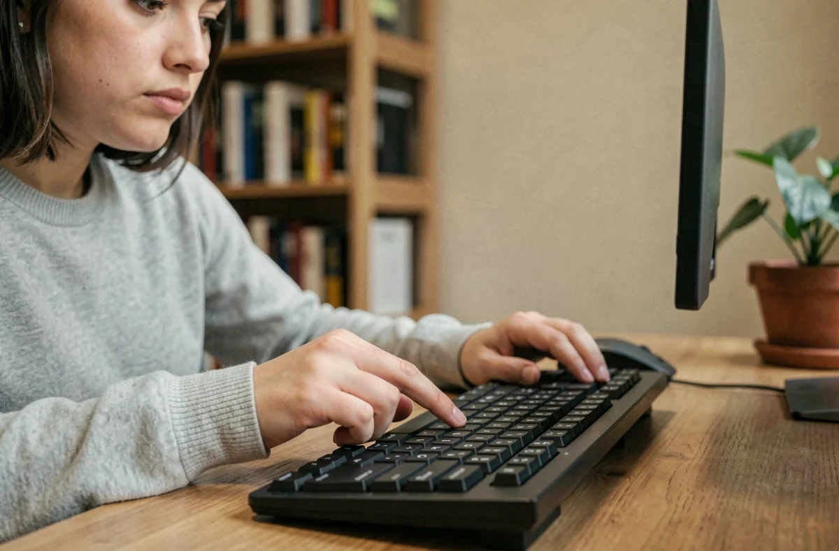 Jeune femme cherchant comment taper un arobase sur un clavier d'ordinateur à son bureau