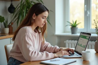 Jeune femme concentrée travaillant sur un budget à la maison