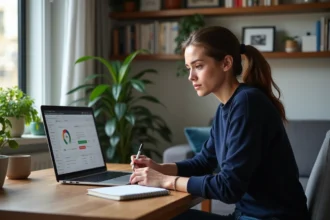 Jeune femme au bureau avec tableau de bord admin