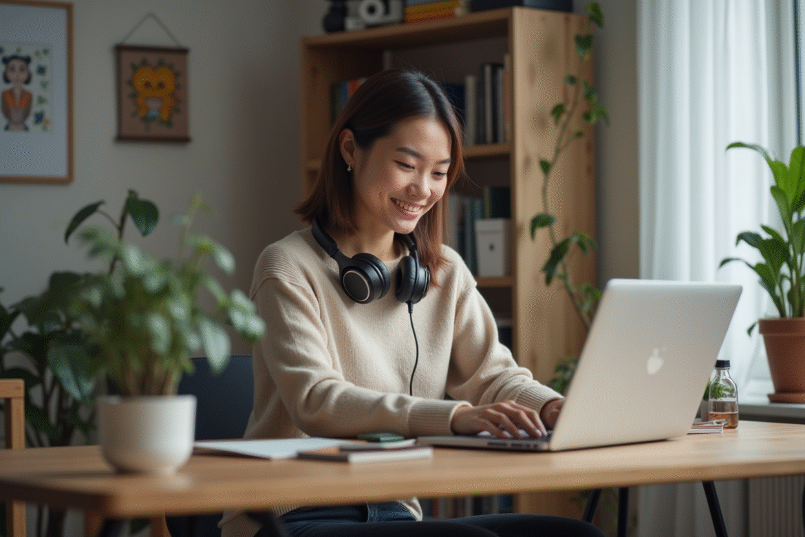 Femme concentrée travaillant sur son ordinateur dans un bureau à domicile