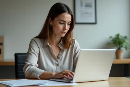 Femme au bureau consulte sa messagerie professionnelle