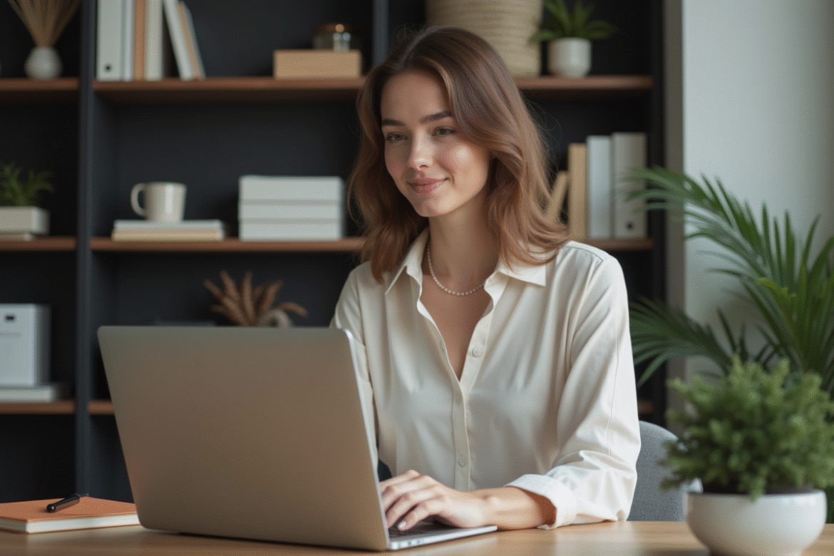 Jeune femme travaillant sur un ordinateur dans un bureau moderne