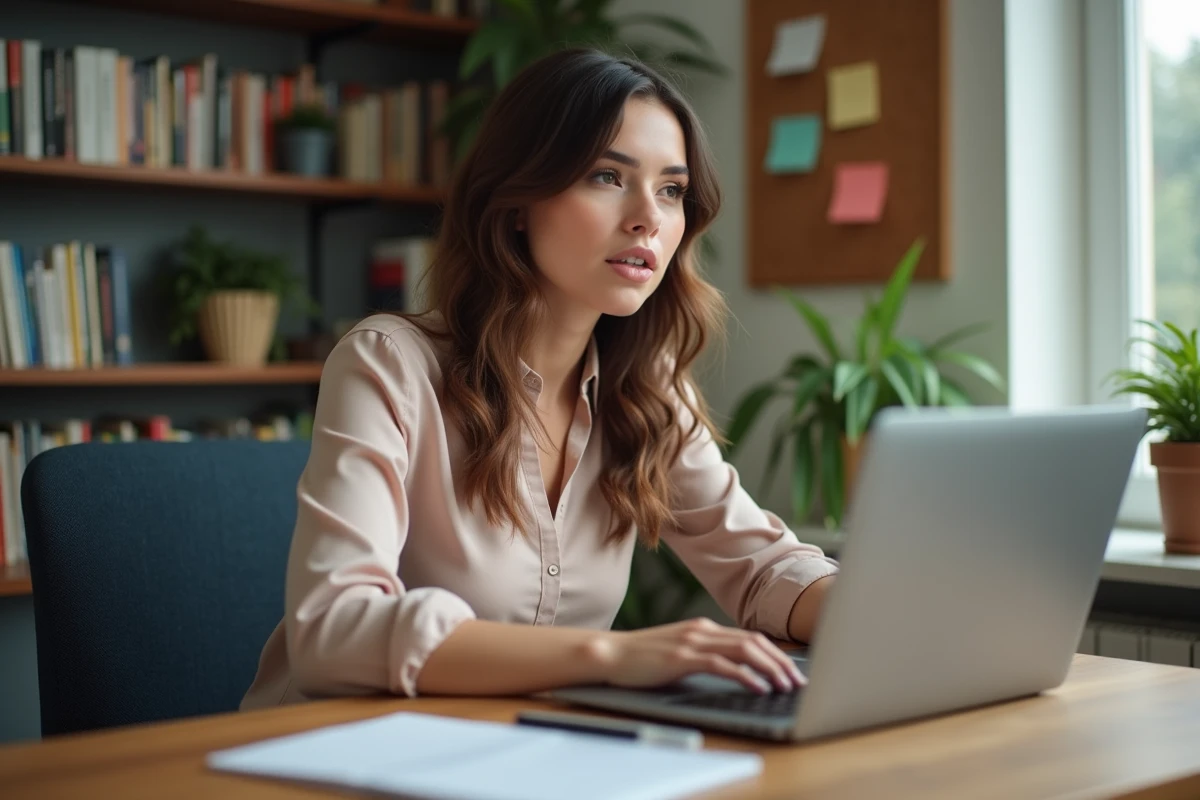 Femme au bureau à domicile utilisant un ordinateur portable