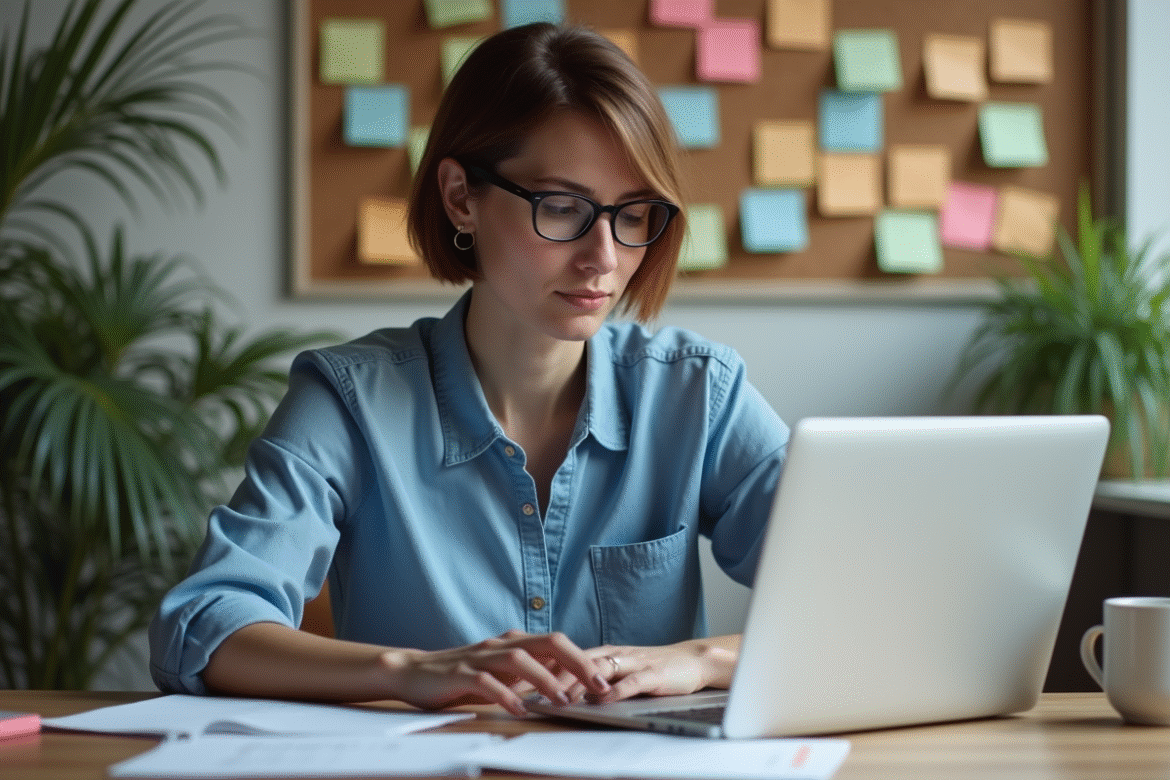 Femme au bureau avec ordinateur portable et notes