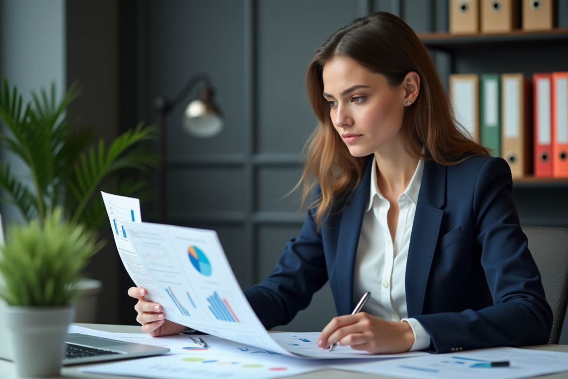 Femme professionnelle compare des graphiques dans un bureau moderne