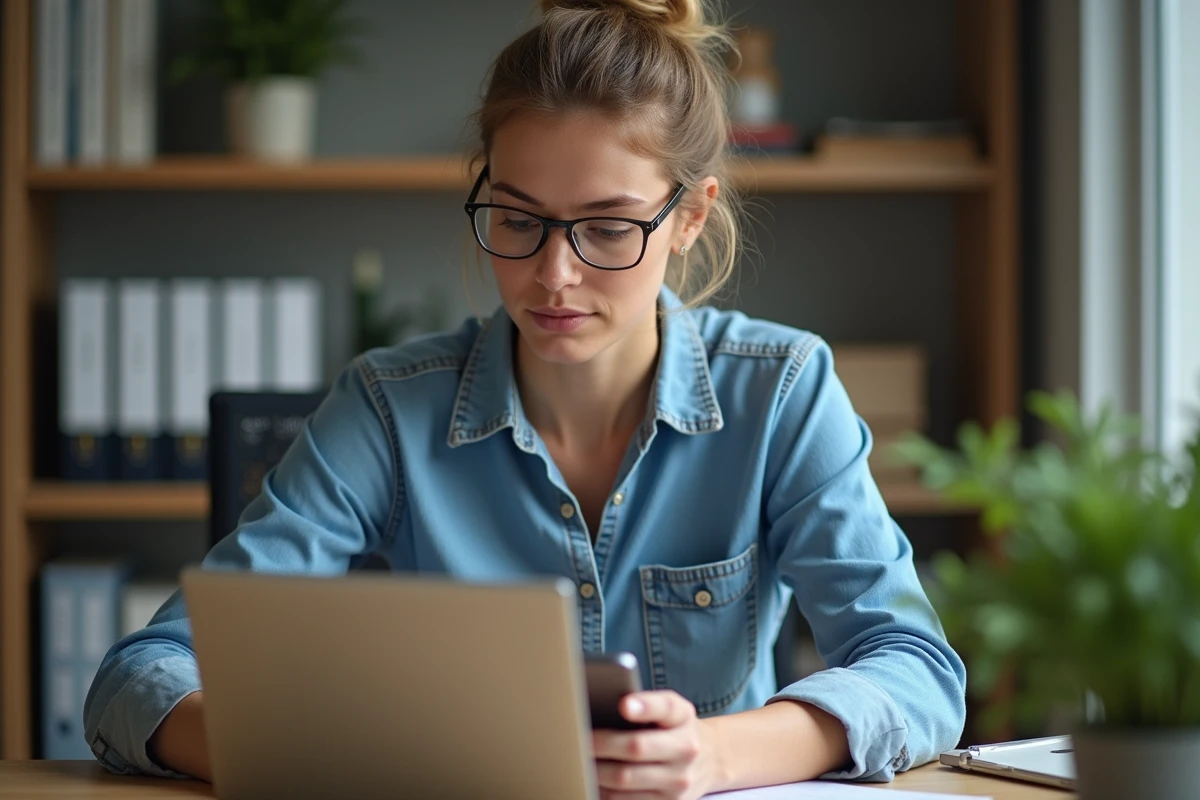 Femme en bureau moderne regardant son ordinateur portable