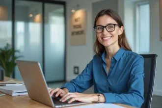 Jeune femme au bureau utilisant un ordinateur portable