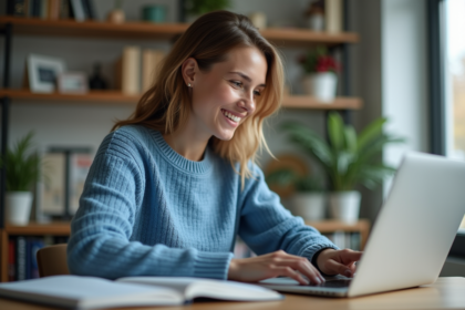 Jeune femme souriante utilisant un ordinateur à domicile