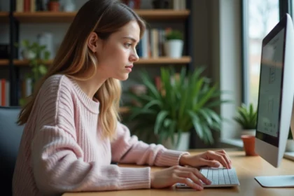 Jeune femme au bureau appuyant sur la touche Shift