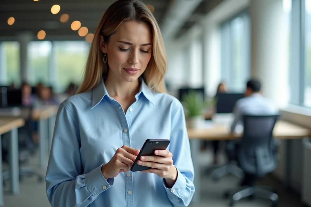 Femme en bureau consultant son smartphone pour vérifier l'état d'une application indisponible