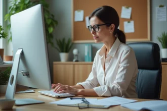 Femme concentrée vérifiant ses emails au bureau