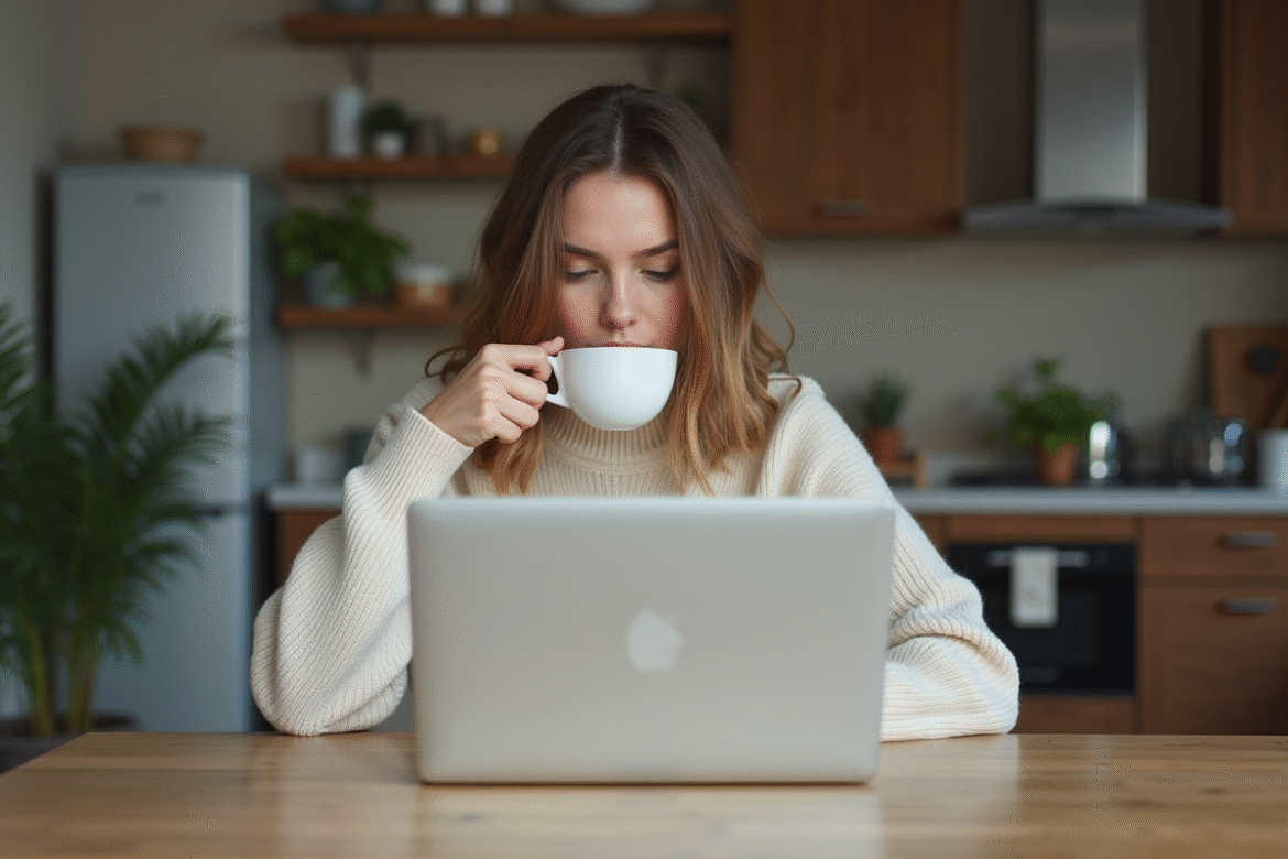 Jeune femme travaillant sur son ordinateur avec café dans un intérieur moderne