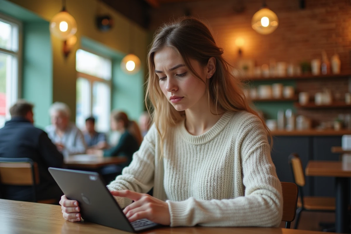Jeune femme dans un café regardant son tablet avec erreur de connexion