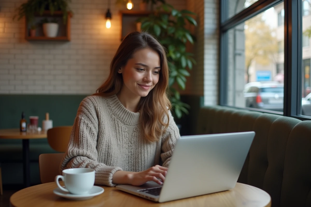 Femme au café en train de taper sur son ordinateur portable