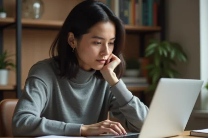 Femme comparant deux plateformes numériques sur un ordinateur portable dans un bureau à domicile moderne