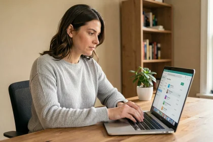 Femme configurant son webmail Orange sur un ordinateur portable dans un bureau à domicile