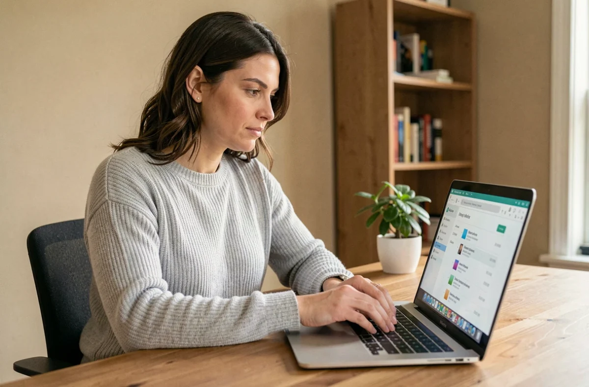 Femme configurant son webmail Orange sur un ordinateur portable dans un bureau à domicile