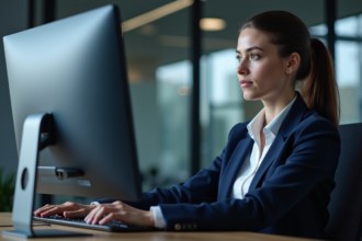 Jeune femme en blazer bleu configure TLS sur un écran