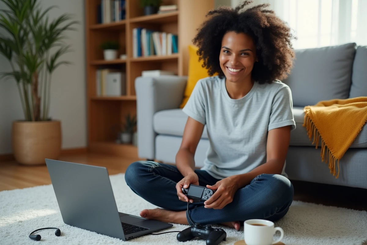 Femme souriante branchant contrôleur sur ordinateur dans salon
